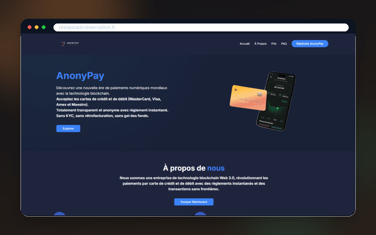 Preview d'AnonyPay avec hero de paiement, cartes bancaires, mobile crypto et section de présentation.