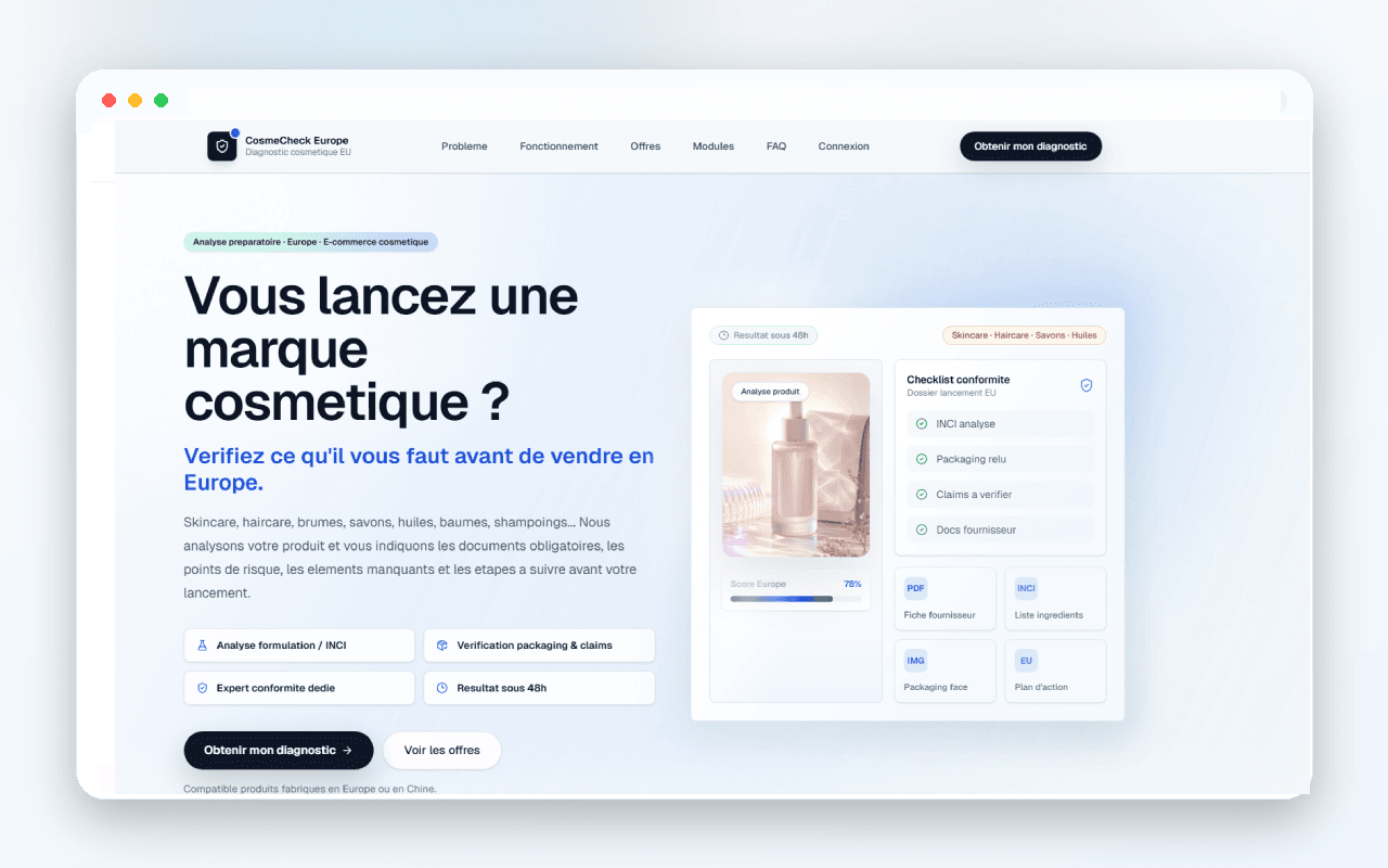 Preview du SaaS CosmeCheck Europe avec diagnostic cosmétique, checklist conformité et score Europe.