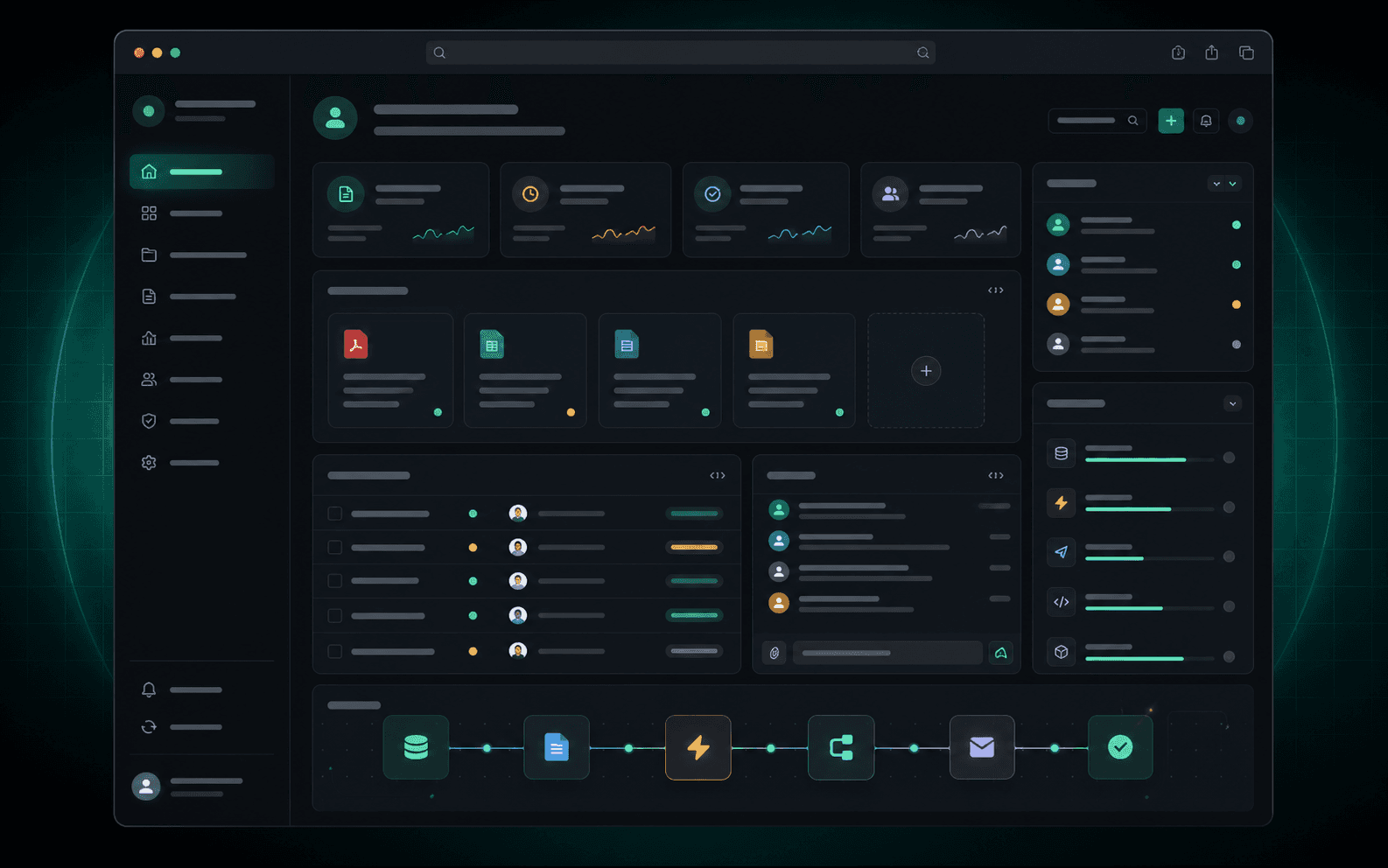Aperçu IA d'un portail client sécurisé avec documents, demandes et modules d'automatisation.