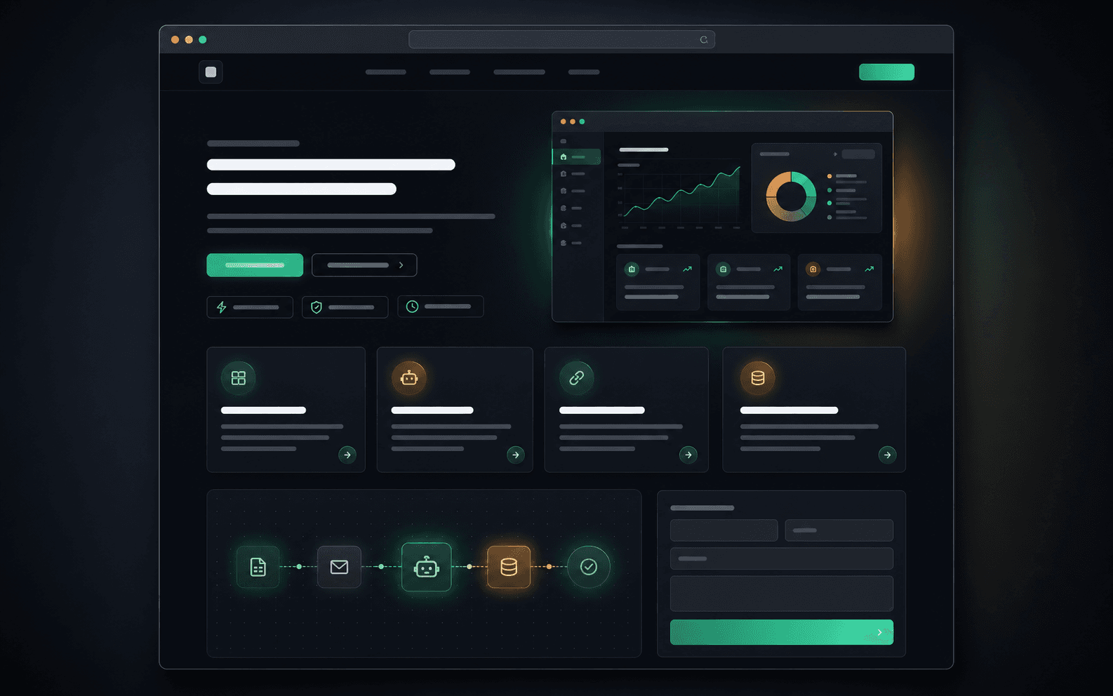Aperçu IA d'une landing page premium sombre avec cartes de services et formulaire.